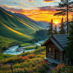 A serene and picturesque landscape featuring lush green hills, a flowing river with crystal-clear water, and a vibrant sunset casting warm orange and pink hues over the scene