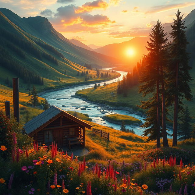 A serene and picturesque landscape featuring lush green hills, a flowing river with crystal-clear water, and a vibrant sunset casting warm orange and pink hues over the scene