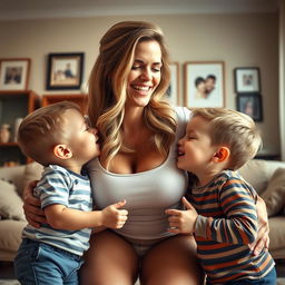 A tall, attractive woman with big breasts, styled hair, and a confident smile, playfully interacting with her two small sons in a warm, loving environment