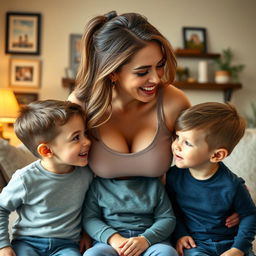 A tall, attractive woman with big breasts, styled hair, and a confident smile, playfully interacting with her two small sons in a warm, loving environment