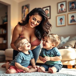 A tall, attractive woman with big breasts, styled hair, and a confident smile, playfully interacting with her two small sons in a warm, loving environment