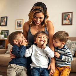 A tall, attractive woman with big breasts, styled hair, and a confident smile, playfully interacting with her two small sons in a warm, loving environment