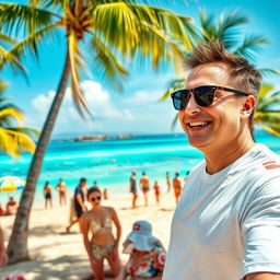 A vibrant and dynamic image of Elon Musk, the CEO of SpaceX and Tesla, casually enjoying time at a beautiful beach called Bagustoto