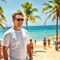 A vibrant and dynamic image of Elon Musk, the CEO of SpaceX and Tesla, casually enjoying time at a beautiful beach called Bagustoto
