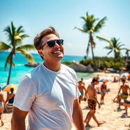 A vibrant and dynamic image of Elon Musk, the CEO of SpaceX and Tesla, casually enjoying time at a beautiful beach called Bagustoto