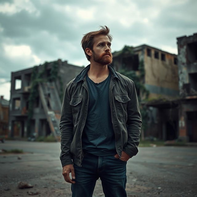 A solitary man standing alone in a deserted urban environment