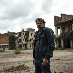A solitary man standing alone in a deserted urban environment