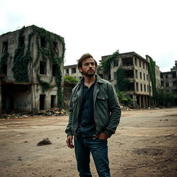 A solitary man standing alone in a deserted urban environment