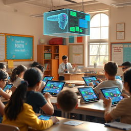 A vibrant scene depicting artificial intelligence assisting students in a mathematics classroom