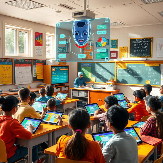 A vibrant scene depicting artificial intelligence assisting students in a mathematics classroom