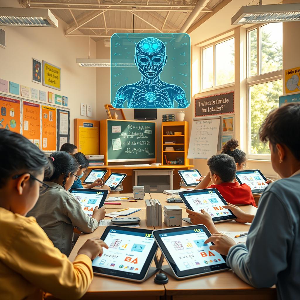 A vibrant scene depicting artificial intelligence assisting students in a mathematics classroom