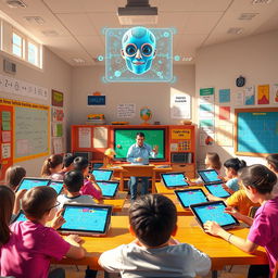 A vibrant scene depicting artificial intelligence assisting students in a mathematics classroom
