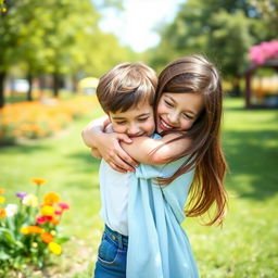 A heartwarming scene of a girl warmly hugging a boy, expressing joy and affection