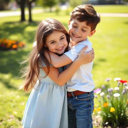 A heartwarming scene of a girl warmly hugging a boy, expressing joy and affection