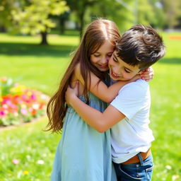 A heartwarming scene of a girl warmly hugging a boy, expressing joy and affection
