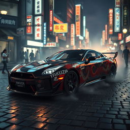 A sleek and powerful Yakuza car, with a distinct, aggressive design featuring sharp angles and a glossy black finish