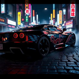 A sleek and powerful Yakuza car, with a distinct, aggressive design featuring sharp angles and a glossy black finish