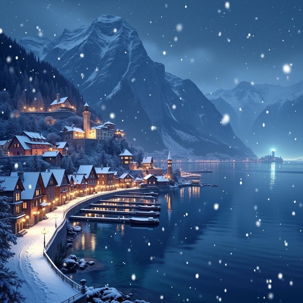 A beautiful fantasy town at night, illuminated by soft lights reflecting off the falling snow