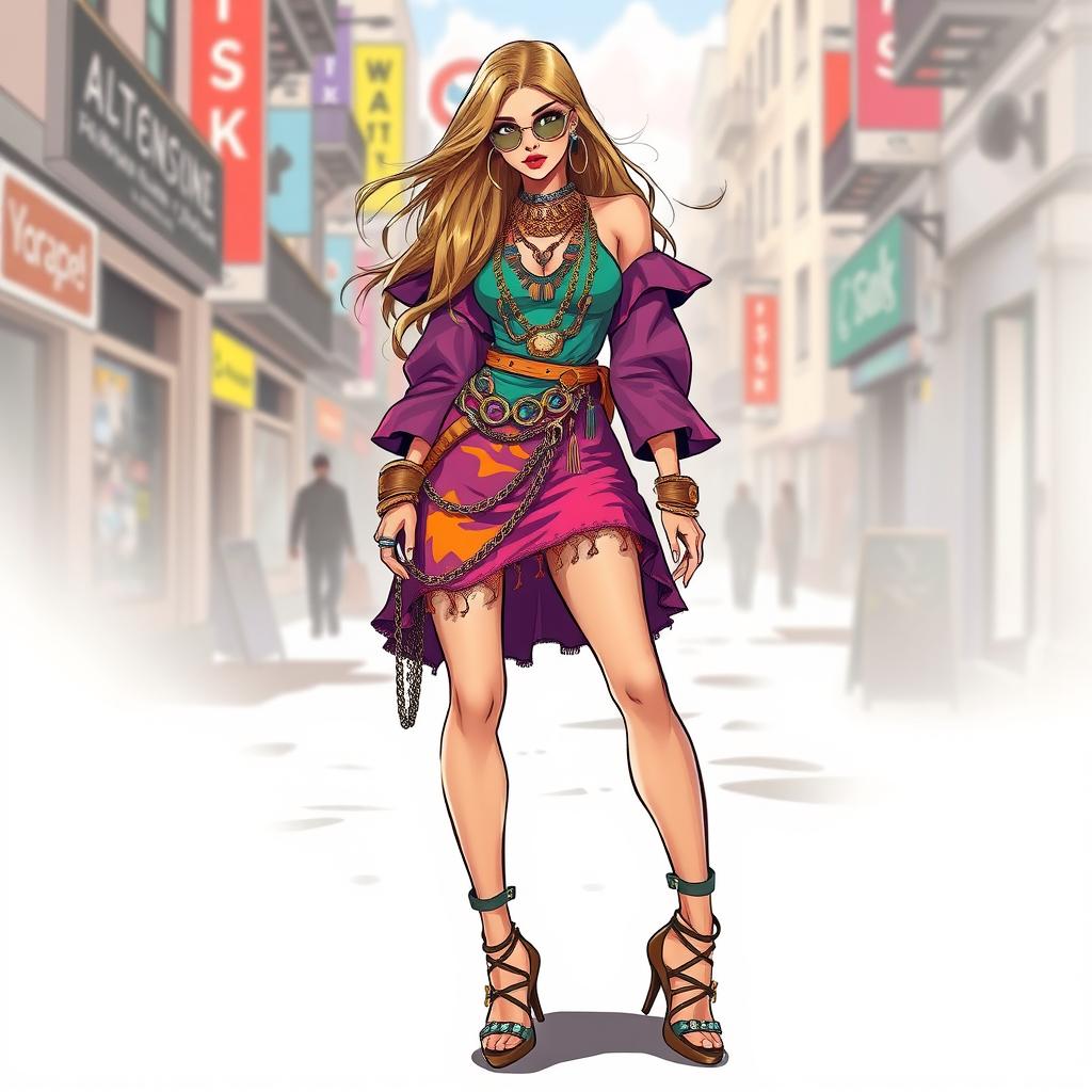 A striking fashion illustration of a woman wearing a funky, colorful dress adorned with chains and rings