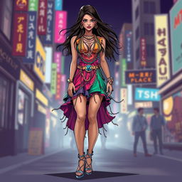 A striking fashion illustration of a woman wearing a funky, colorful dress adorned with chains and rings