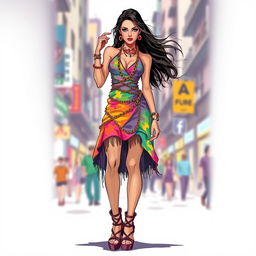 A striking fashion illustration of a woman wearing a funky, colorful dress adorned with chains and rings