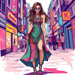 A striking fashion illustration of a woman wearing a funky, colorful dress adorned with chains and rings