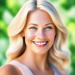 A high-quality digital art image of a naturally pretty blonde woman in her mid-30s