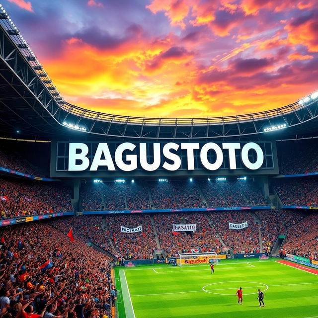 A striking image of a vibrant football stadium featuring the large inscription 'BAGUSTOTO' prominently displayed on the stadium's main entrance