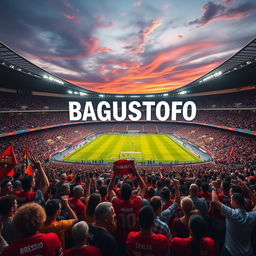 A striking image of a vibrant football stadium featuring the large inscription 'BAGUSTOTO' prominently displayed on the stadium's main entrance