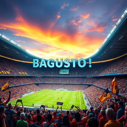 A striking image of a vibrant football stadium featuring the large inscription 'BAGUSTOTO' prominently displayed on the stadium's main entrance