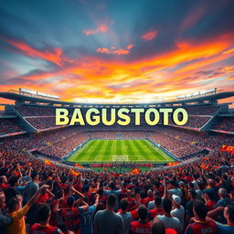 A striking image of a vibrant football stadium featuring the large inscription 'BAGUSTOTO' prominently displayed on the stadium's main entrance