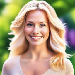 A high-quality digital art image of a naturally pretty blonde woman in her mid-30s