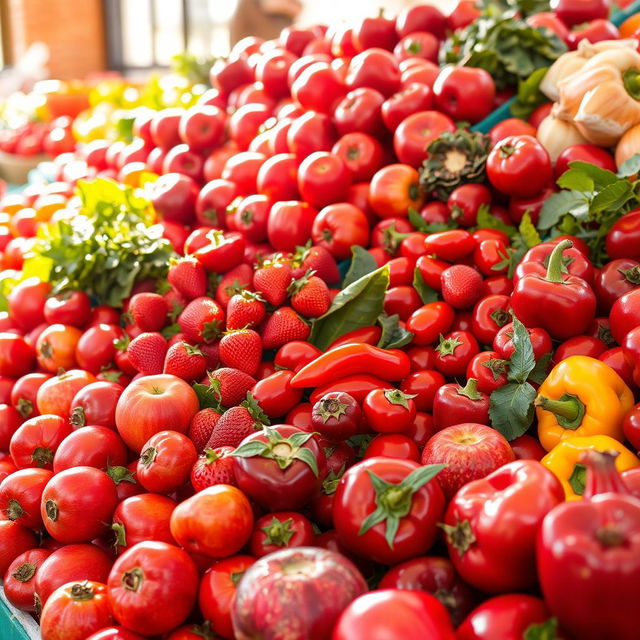 A vibrant assortment of red fruits and vegetables beautifully arranged