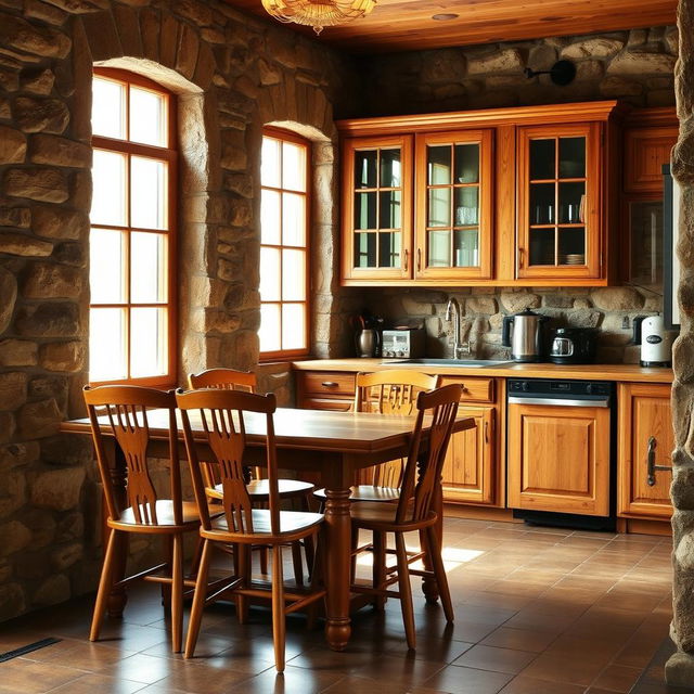 A cozy rustic kitchen featuring wooden chairs and stone walls