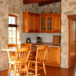 A cozy rustic kitchen featuring wooden chairs and stone walls