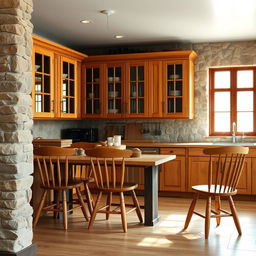 A cozy rustic kitchen featuring wooden chairs and stone walls