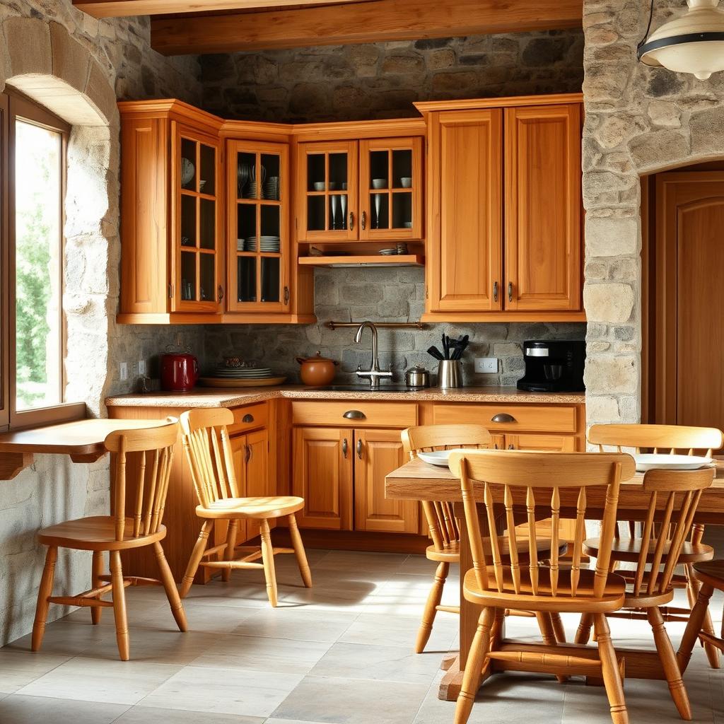 A cozy rustic kitchen featuring wooden chairs and stone walls