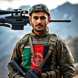 A soldier from Afghanistan named Mahmood Yousufzai, equipped with a laser-sighted sniper rifle