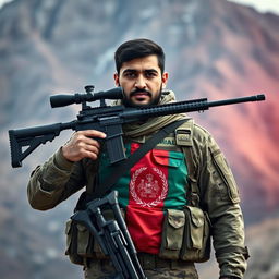 A soldier from Afghanistan named Mahmood Yousufzai, equipped with a laser-sighted sniper rifle