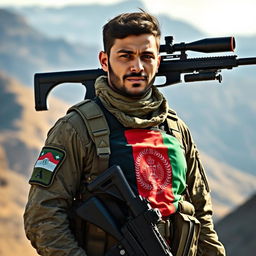 A soldier from Afghanistan named Mahmood Yousufzai, equipped with a laser-sighted sniper rifle
