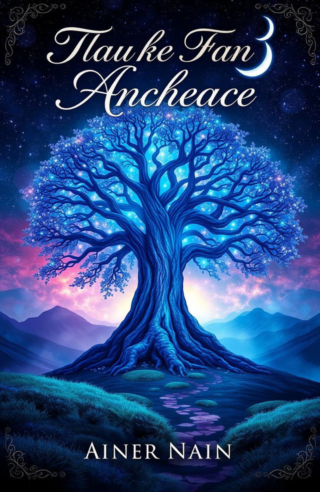 A beautifully designed book cover featuring a mystical landscape, with a towering ancient tree at the center