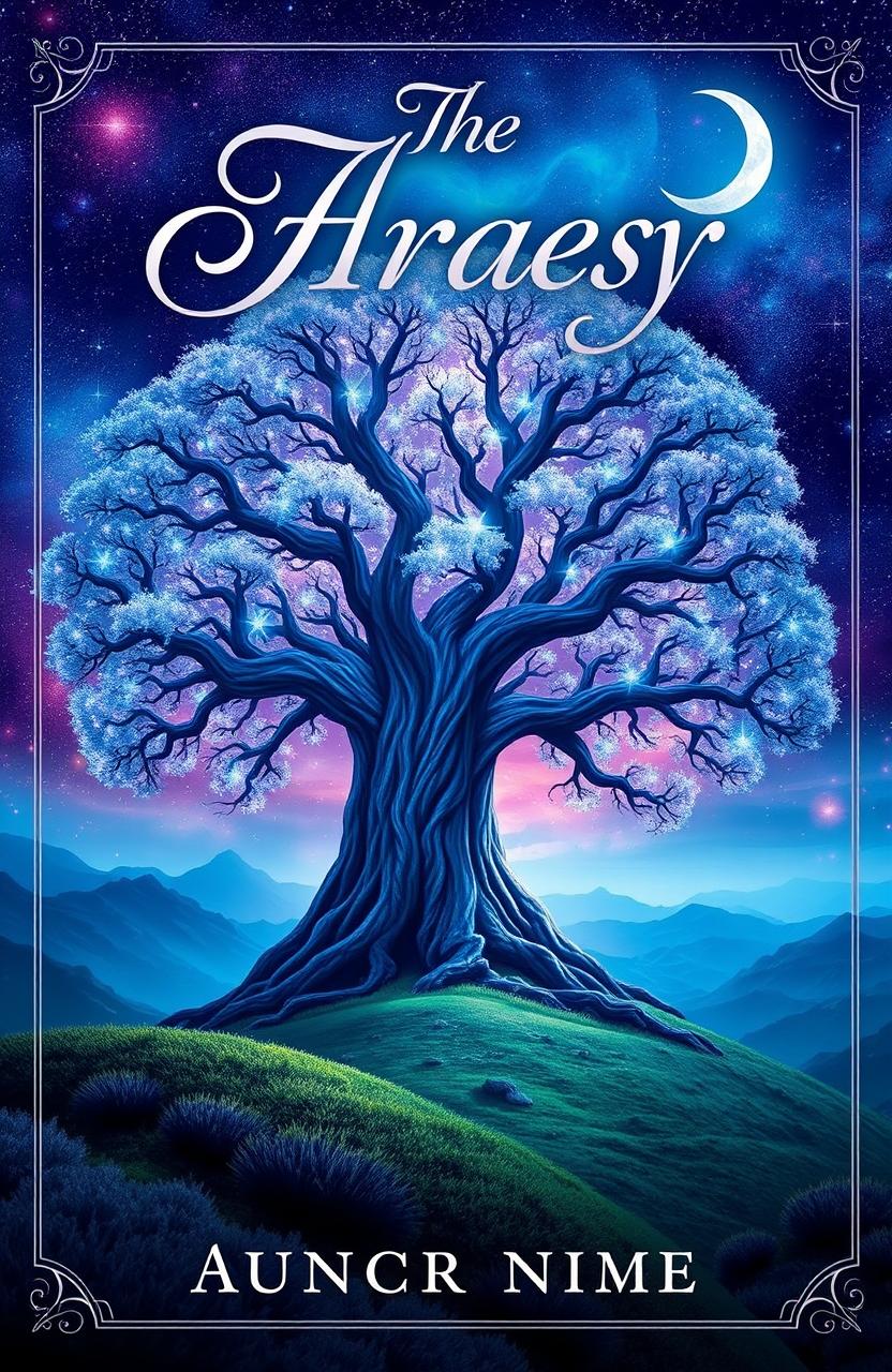 A beautifully designed book cover featuring a mystical landscape, with a towering ancient tree at the center