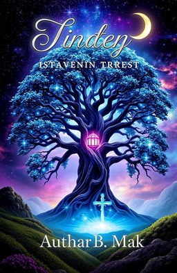 A beautifully designed book cover featuring a mystical landscape, with a towering ancient tree at the center