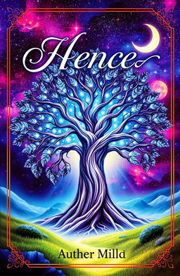A beautifully designed book cover featuring a mystical landscape, with a towering ancient tree at the center