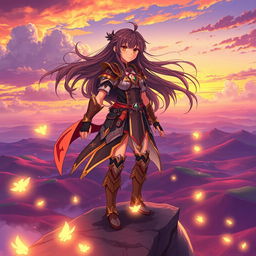 A vibrant anime scene featuring a spirited female warrior with long flowing hair and intricately designed armor, standing heroically on a cliff overlooking a vast, colorful landscape filled with rolling hills and glowing magical elements