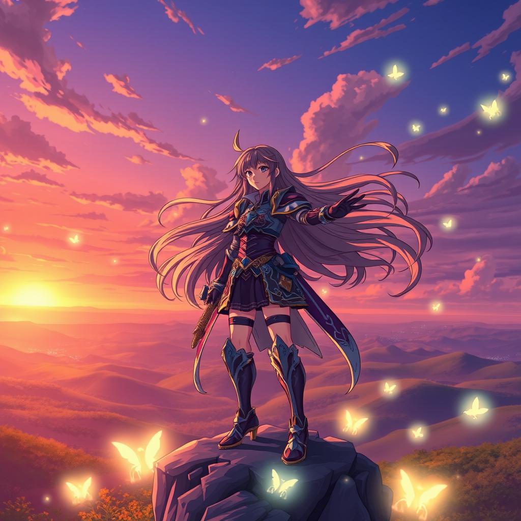 A vibrant anime scene featuring a spirited female warrior with long flowing hair and intricately designed armor, standing heroically on a cliff overlooking a vast, colorful landscape filled with rolling hills and glowing magical elements