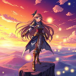 A vibrant anime scene featuring a spirited female warrior with long flowing hair and intricately designed armor, standing heroically on a cliff overlooking a vast, colorful landscape filled with rolling hills and glowing magical elements
