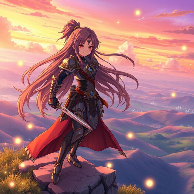 A vibrant anime scene featuring a spirited female warrior with long flowing hair and intricately designed armor, standing heroically on a cliff overlooking a vast, colorful landscape filled with rolling hills and glowing magical elements