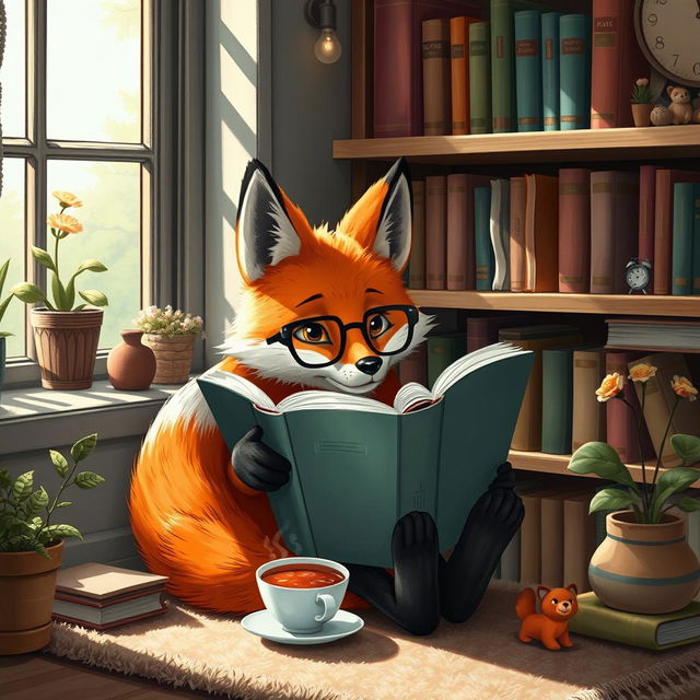 A charming scene featuring a curious fox sitting comfortably in a cozy nook, engrossed in a large, colorful book