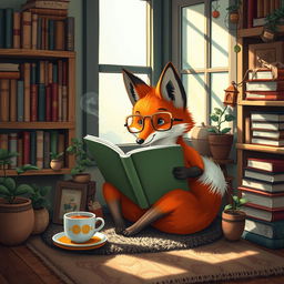 A charming scene featuring a curious fox sitting comfortably in a cozy nook, engrossed in a large, colorful book